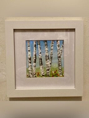 Framed Original Watercolor Art “Birch Trees” Home Decor Size 7”x7”